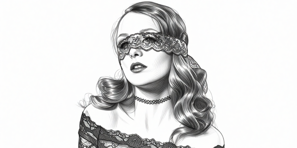 illustration of a sensual woman in a classic lace dress with a lace blindfold