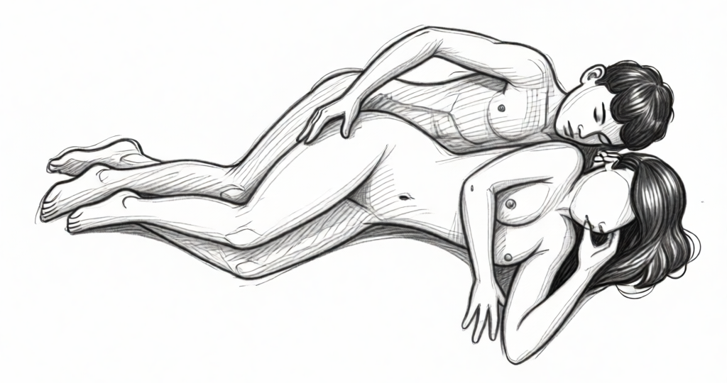 naakte man en vrouw liggen naakt naast elkaar, de man heeft zijn arm om de vrouw heen en ze lijken te slapen