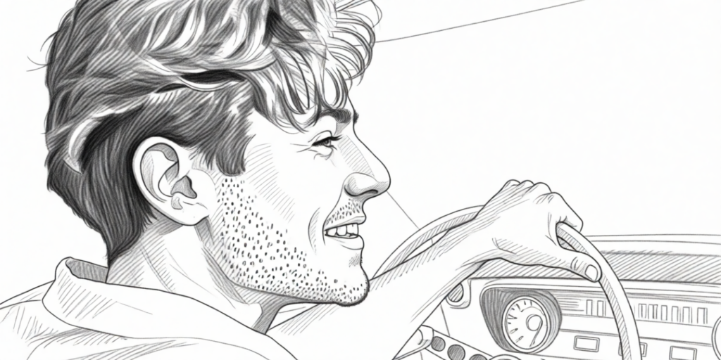 illustration of a smiling man driving in a car