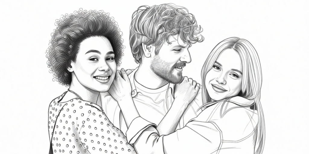 illustration of a FFM throuple cuddling