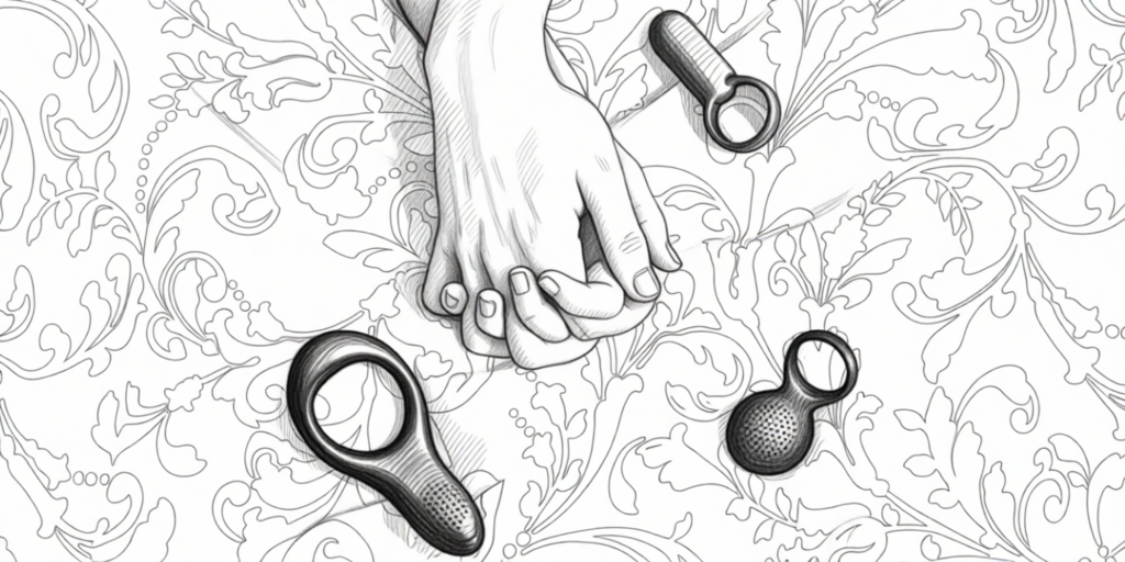 7 tips als je partner sextoys ongemakkelijk vindt 2 illustration of multiple toys on a bed, with hand holding each other