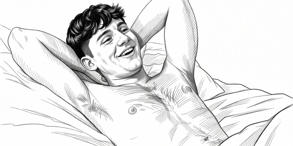 naakte man, geclassificeerd als een twink bottom, ligt op zijn rug met zijn armen achter zijn hoofd, glimlacht breed