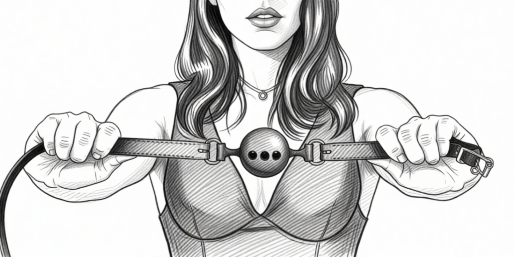 illustration of a sensual woman holding a bdsm ball gag