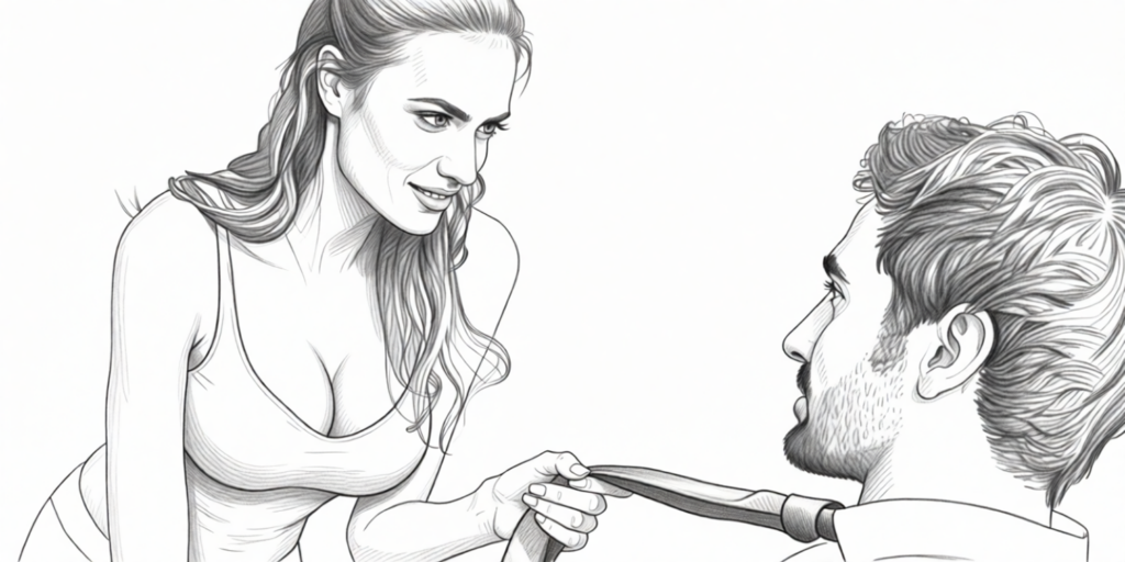 illustration of a woman, classified as milf, pulling the tie of a young man on bed