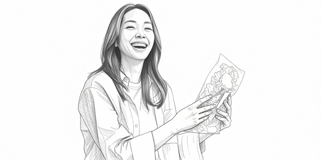 illustration of a smiling female holding a bag of vegetables