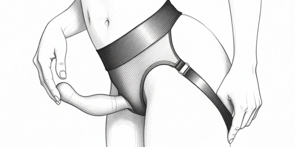 een vrouw met een strap-on harnas, gebruikt voor pegging