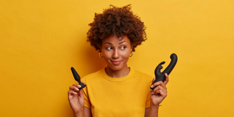 een vrouw met krullend haar houdt een zwarte plug en een zwarte vibrator vast en glimlacht speels