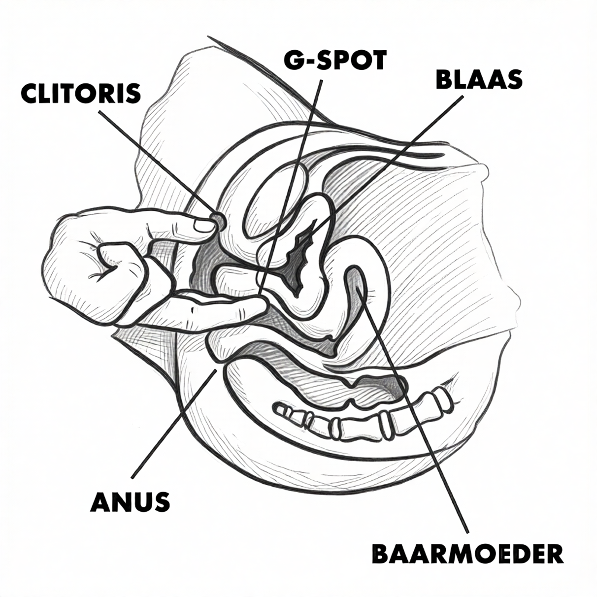illustration of an x-ray of the lower female body, with visual markers for the genitals and pleasure organs