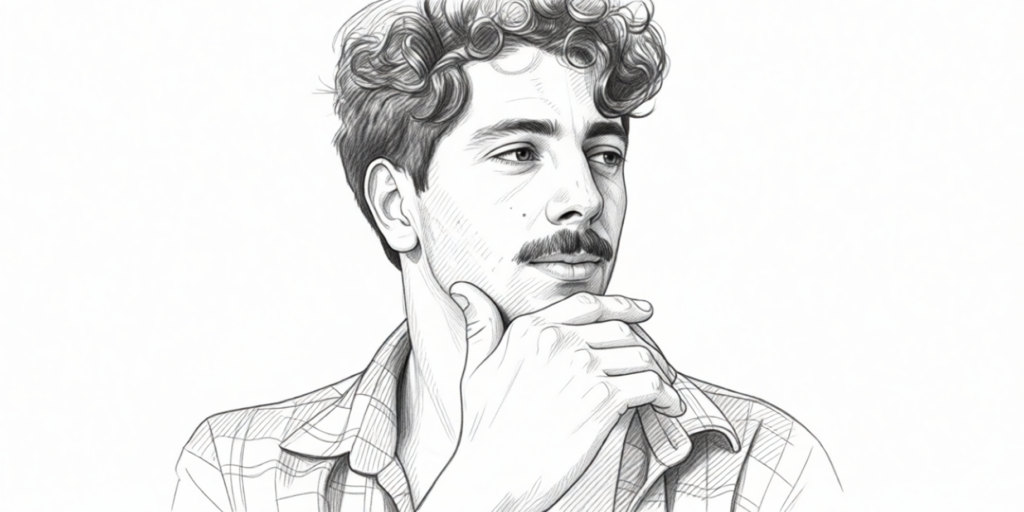 illustration of a young man with a moustache, thinking